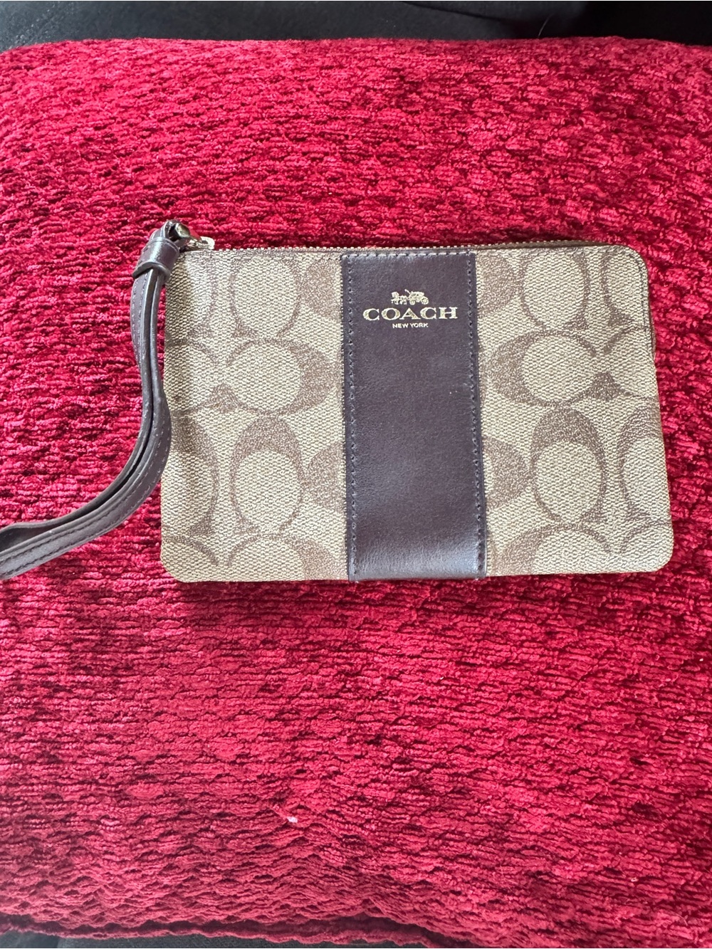 Coach Brown Signature Canvas Wristlet with Dark Brown Leather Stripe